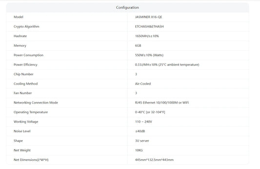 Jasminer X16QE 1650Mh/s ETC miner 6G Memory 550W