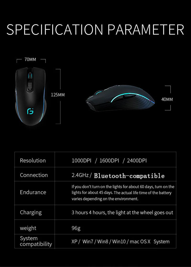 Rechargeable Computer Mouse Dual Mode Bluetooth+2.4Ghz Wireless USB