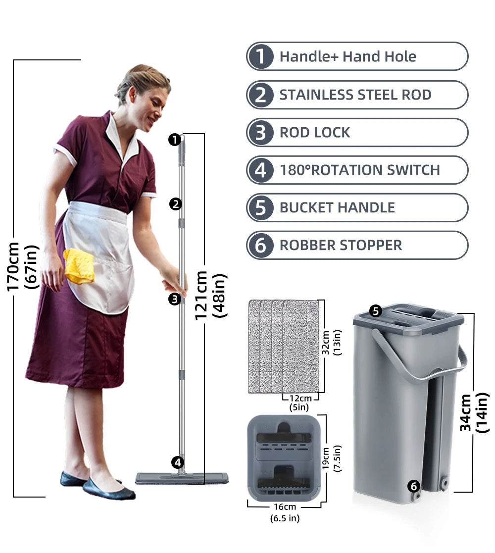 Hand Free Flat Floor Mop And Bucket Set