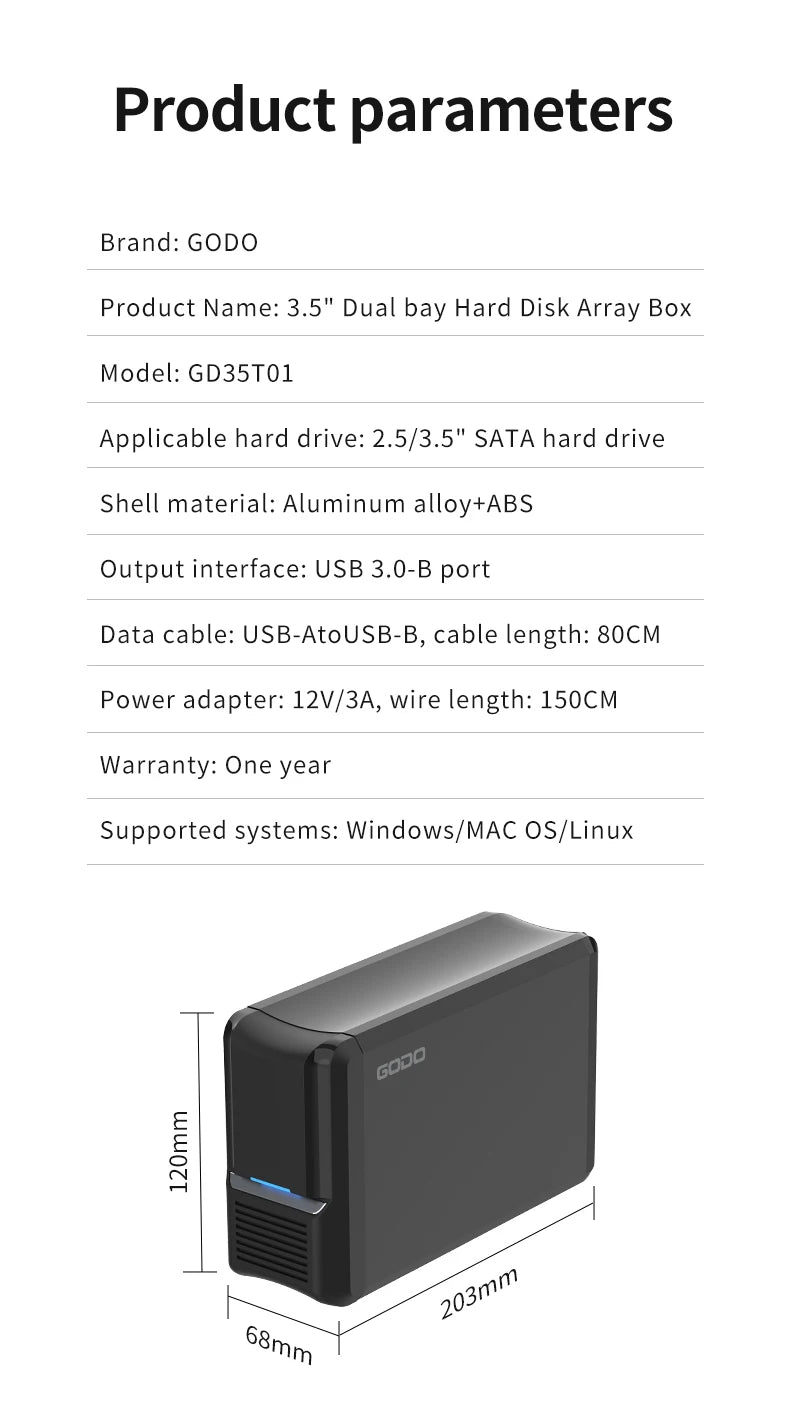 GODO Dual Bay RAID Hard Drive Enclosure 3.5