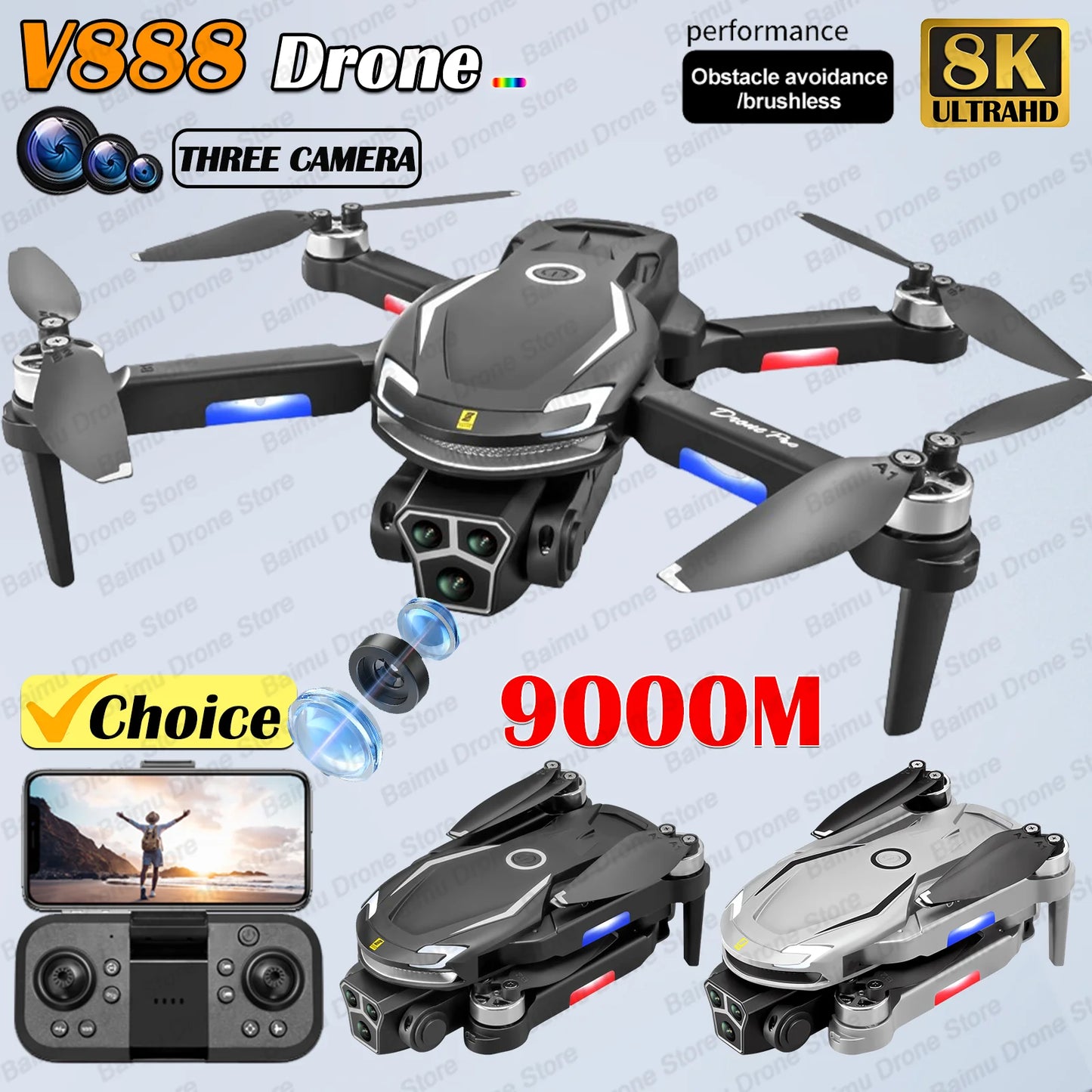 New V888 Brushless Drone 8K Professional HD Triple