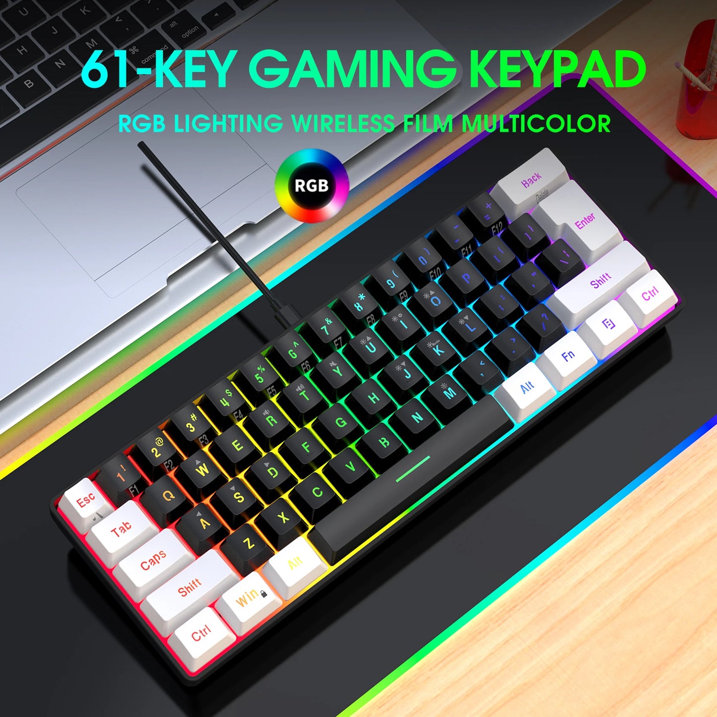 New 61keys Wired White Black Keyboard RGB Gaming Mouse