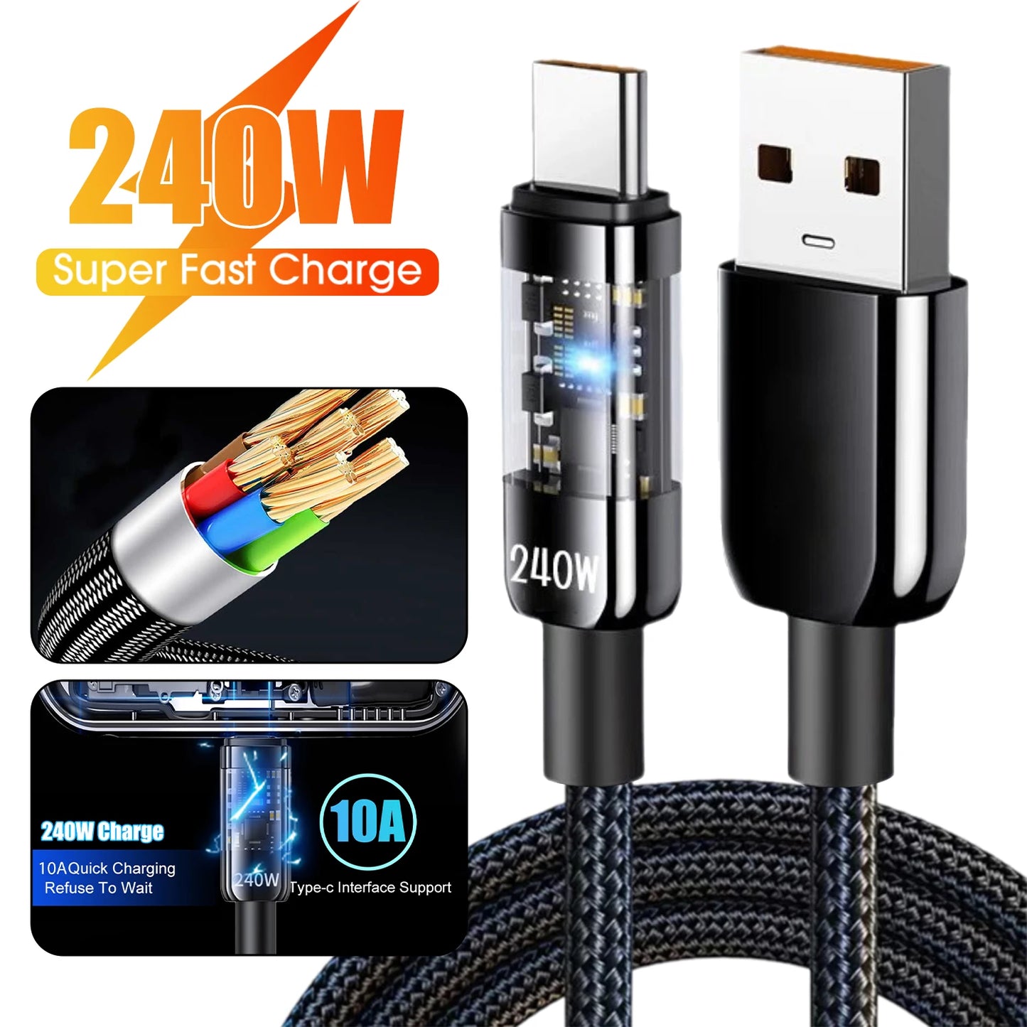 240W 10A Quick Charging USB C Cable Nylon
