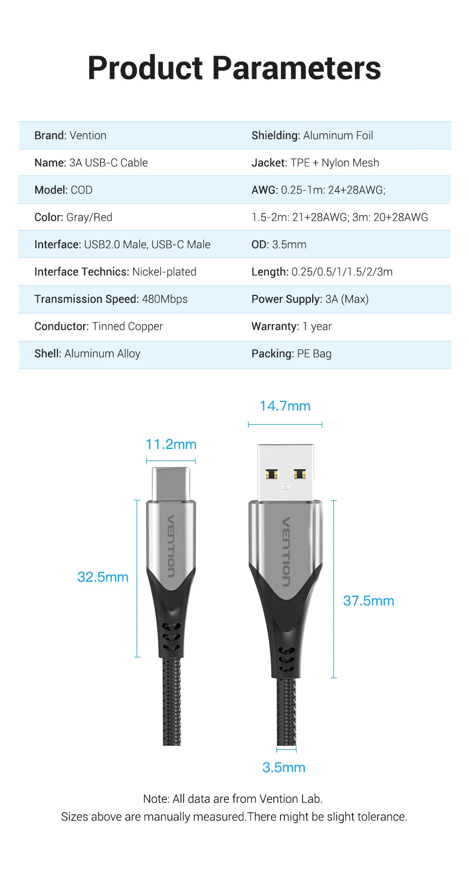 Vention USB C Cable Type C Charging Cable