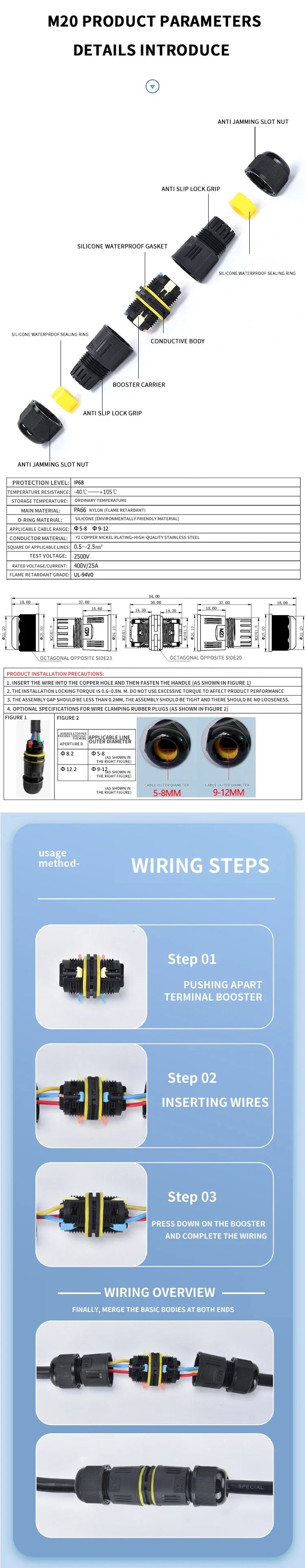 IP68 Outdoor Waterproof Junction Box Electrical Cable Connector,