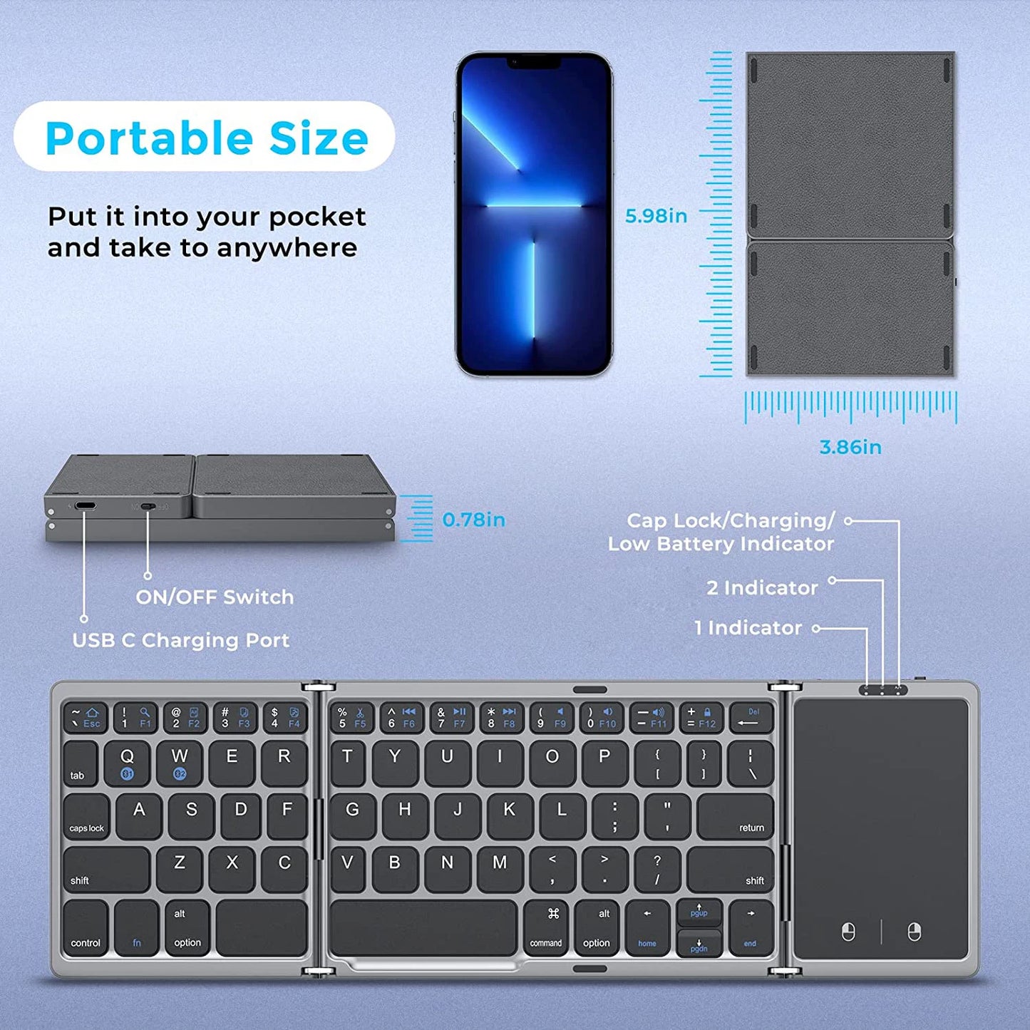Seenda Foldable Wireless Bluetooth Keyboard Rechargeable Folding Portable